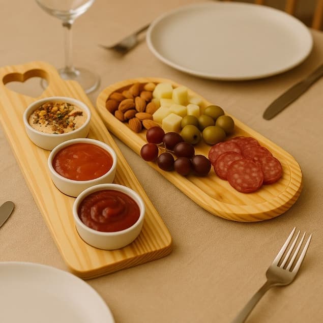 Kit Tábuas Servir Frios Petiscos 3 Ramequins Porcelana Molhos Temperos Bandeja Madeira Pinus Mesa Posta Decoração