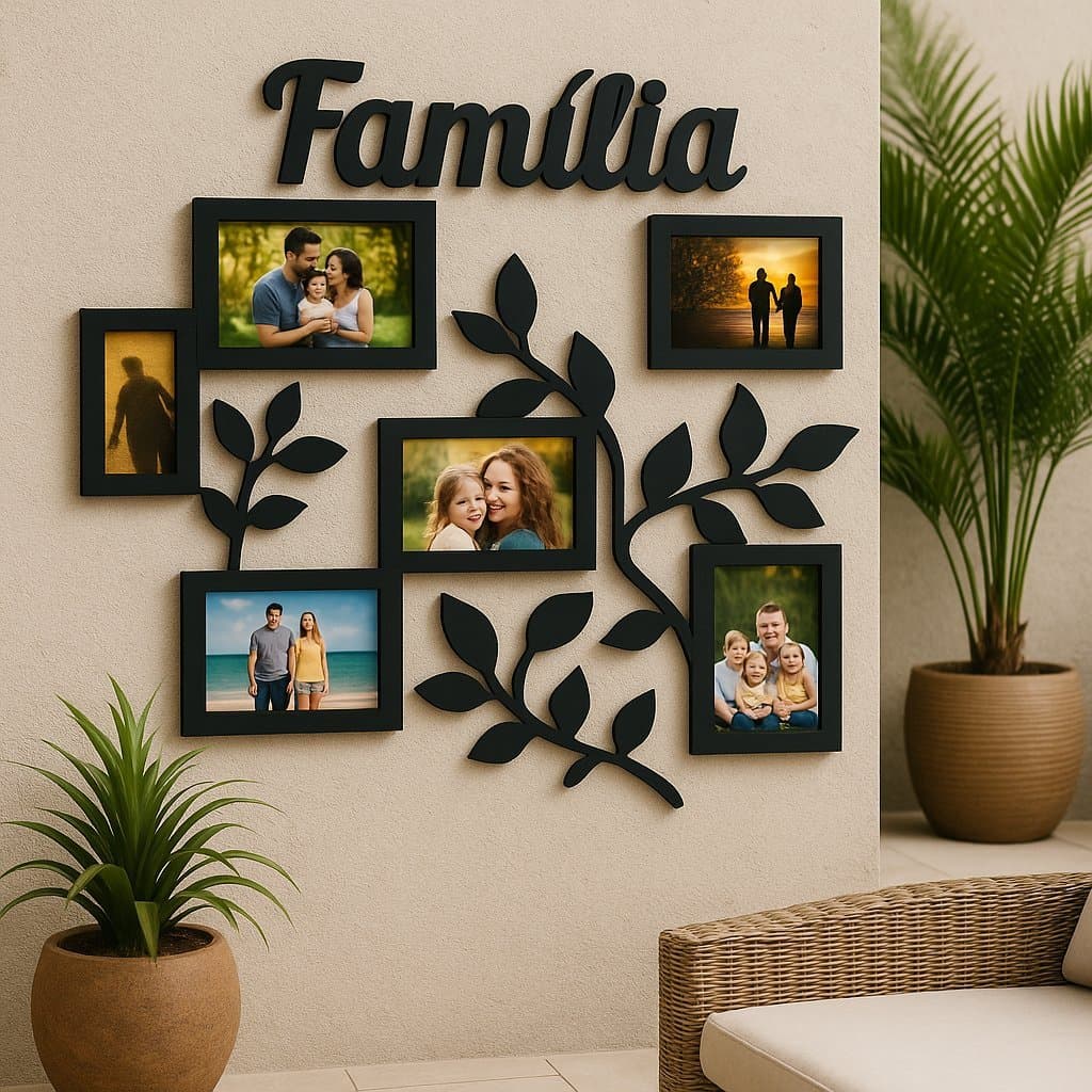 Porta Retrato de Parede Familia Galhos Mural Com 6 Espaços Para Fotos em Mdf