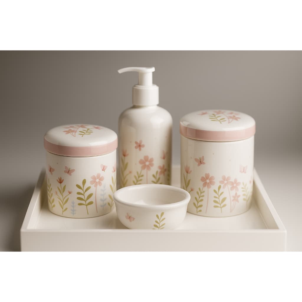 Kit Higiene Bebê Porcelana Floral Rosa Lindas Delicadas Infantil Quartinho Decoração