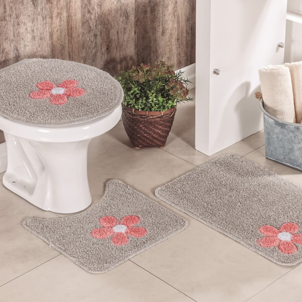 Kit Jogo de Tapete de Banheiro Algodão Cotton Com Aplique 3 Peças Pelo Baixo