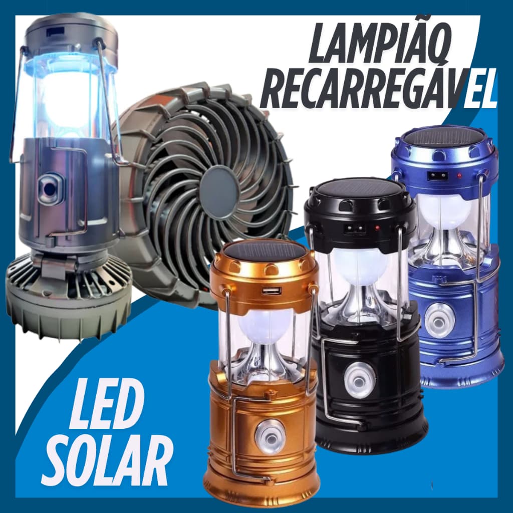 Lanterna Lampião Luminária Led Recarregável 3 Em 1 Com Placa Solar Acampamento