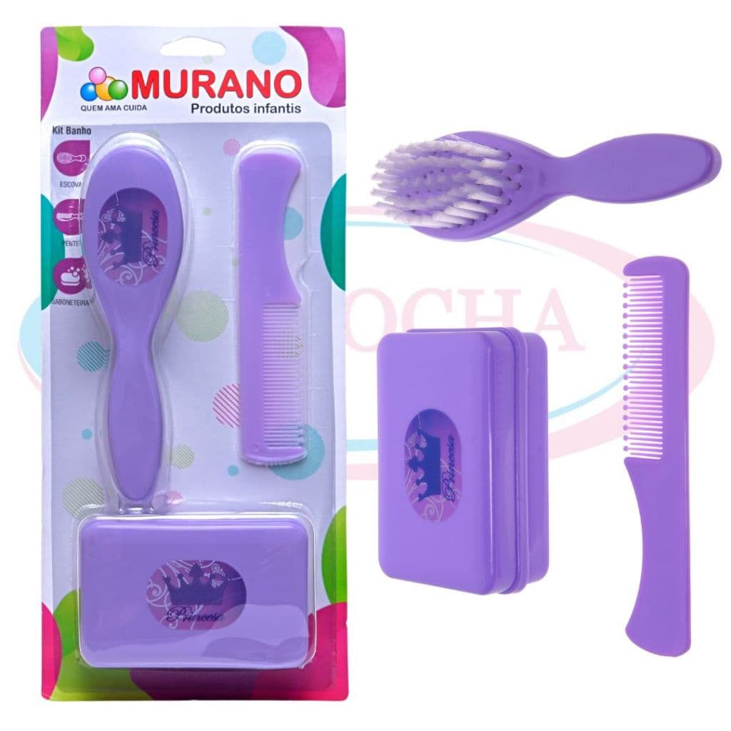 Kit Banho do Bebê 3 em 1 Murano | Escova + Pente + Saboneteira | Hora do Banho | Envio Imediato