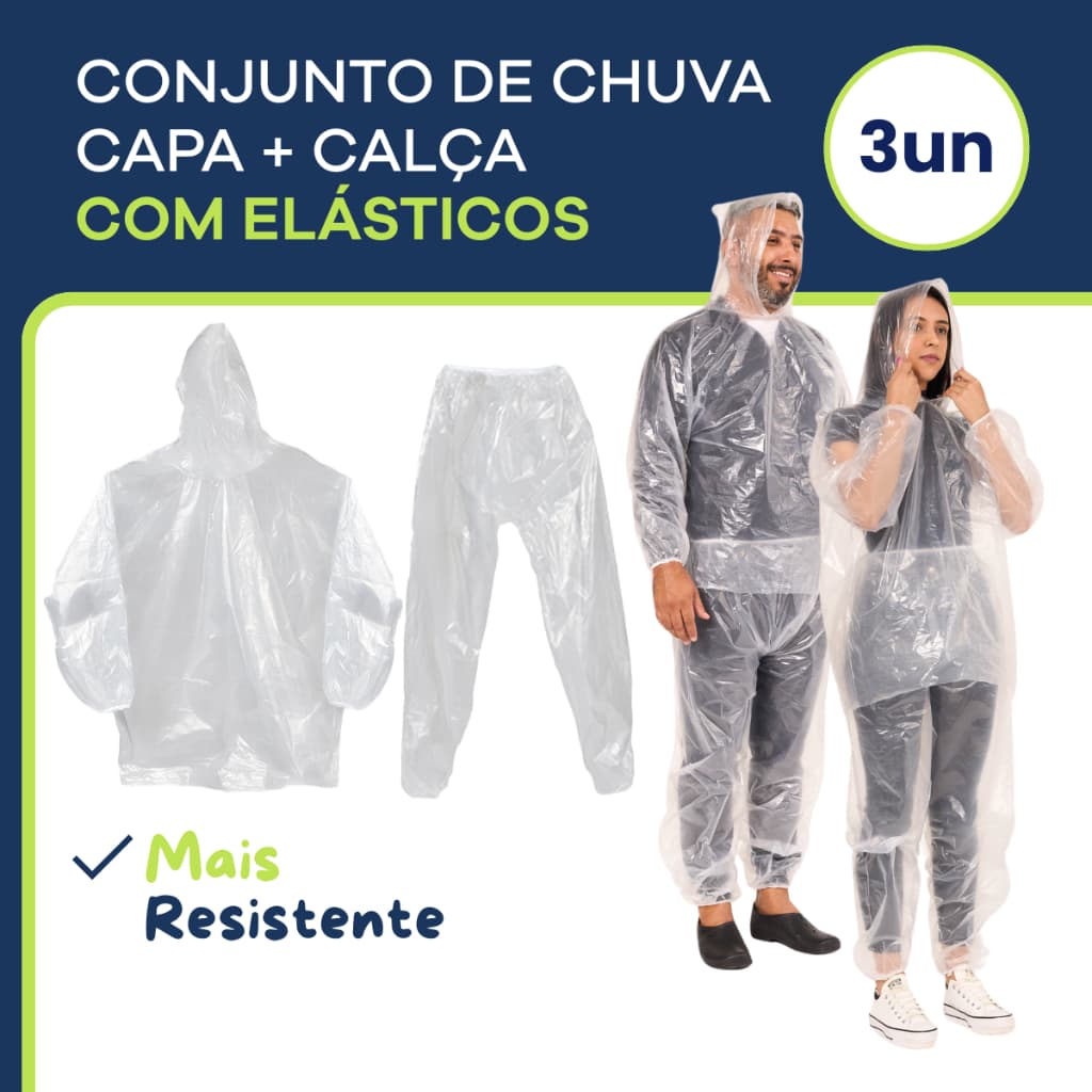 Kit 3 Conjunto Capa de Chuva Transparente com Elásticos Bata Calça Capuz Reutilizável Resistente