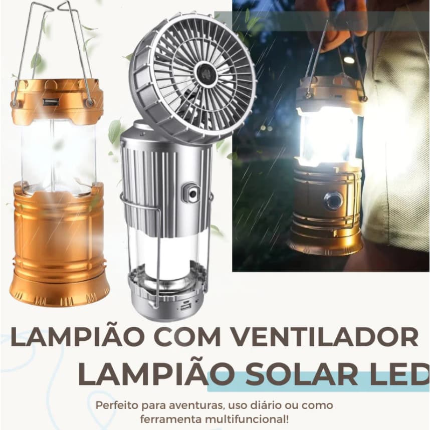 Lampião Lanterna Led Com Ventilador Portátil Recarregável Carregamento Solar 3 em 1 Acampamento