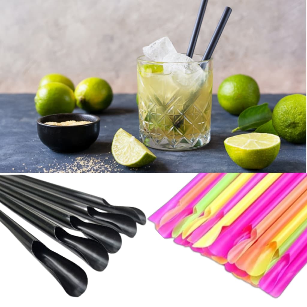 Canudo de plástico Com Colher Mexedor Drinks e Bebidas Colorido Neon ( 100 unidades )