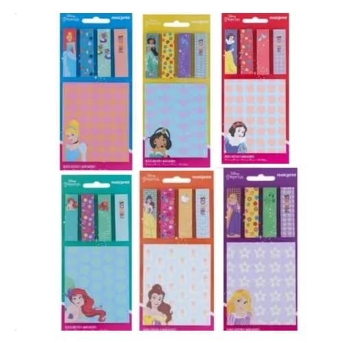 Bloco Adesivo kit Princesas 76mm x 90mm 1bl + 4 marcadores 15mm x 55mm 150 fls - Maxprint