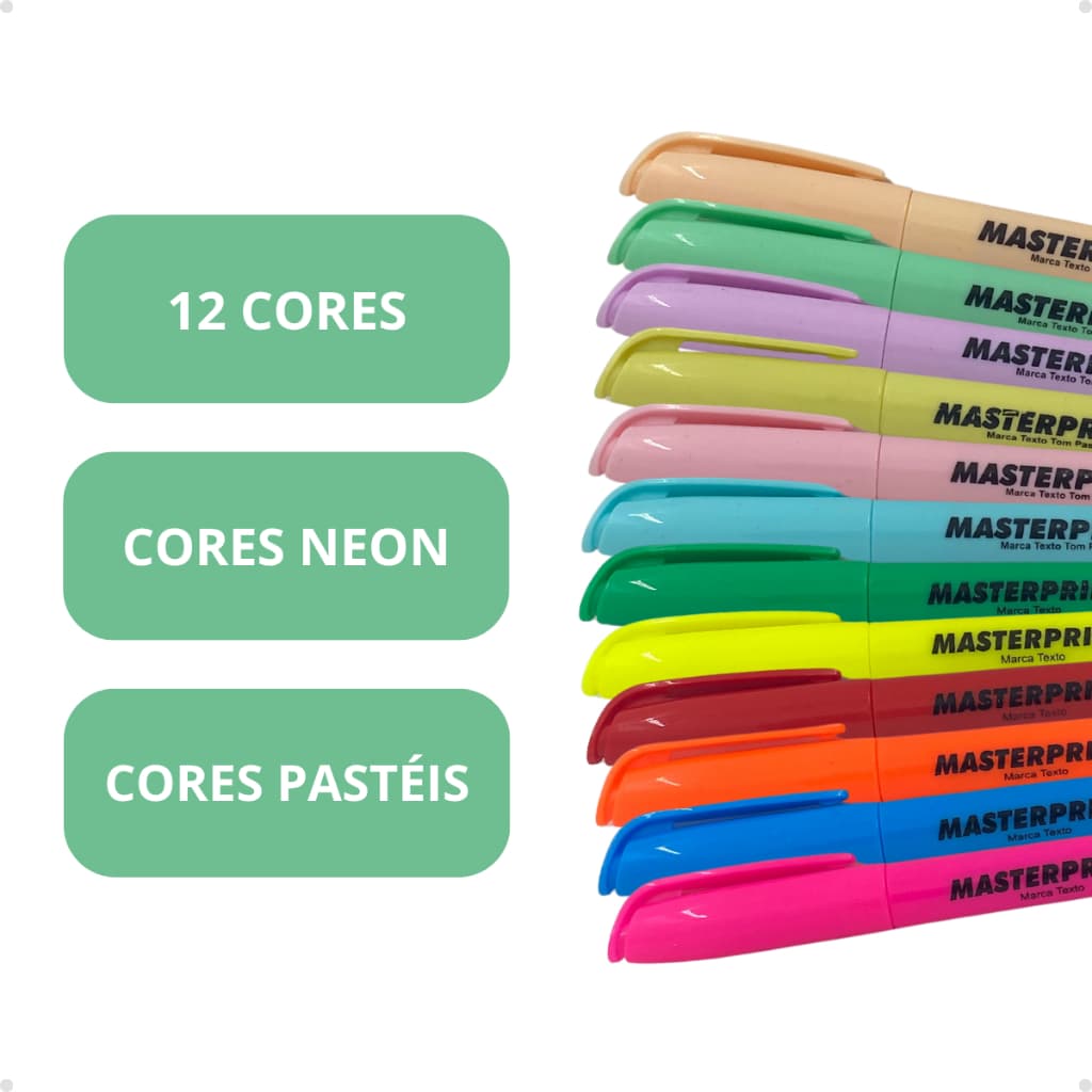Kit 12 Cores Marca-Texto MasterPrint Cores Pastel e Neon Qualidade Colorido MP612