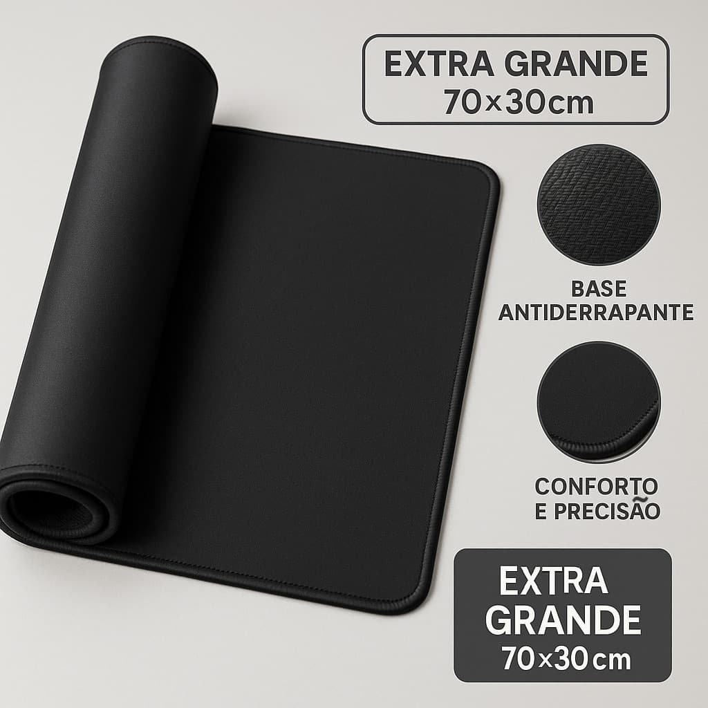 Mousepad Gamer Grande 70x30cm Preto Antiderrapante Tecido Emborrachado para PC e Setup