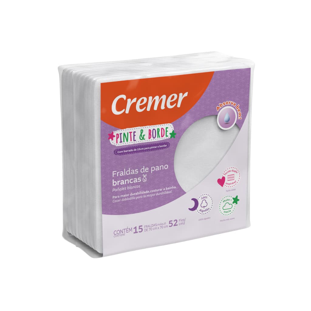 Fralda de Pano Branca Pinte e Borde 15 un - Cremer