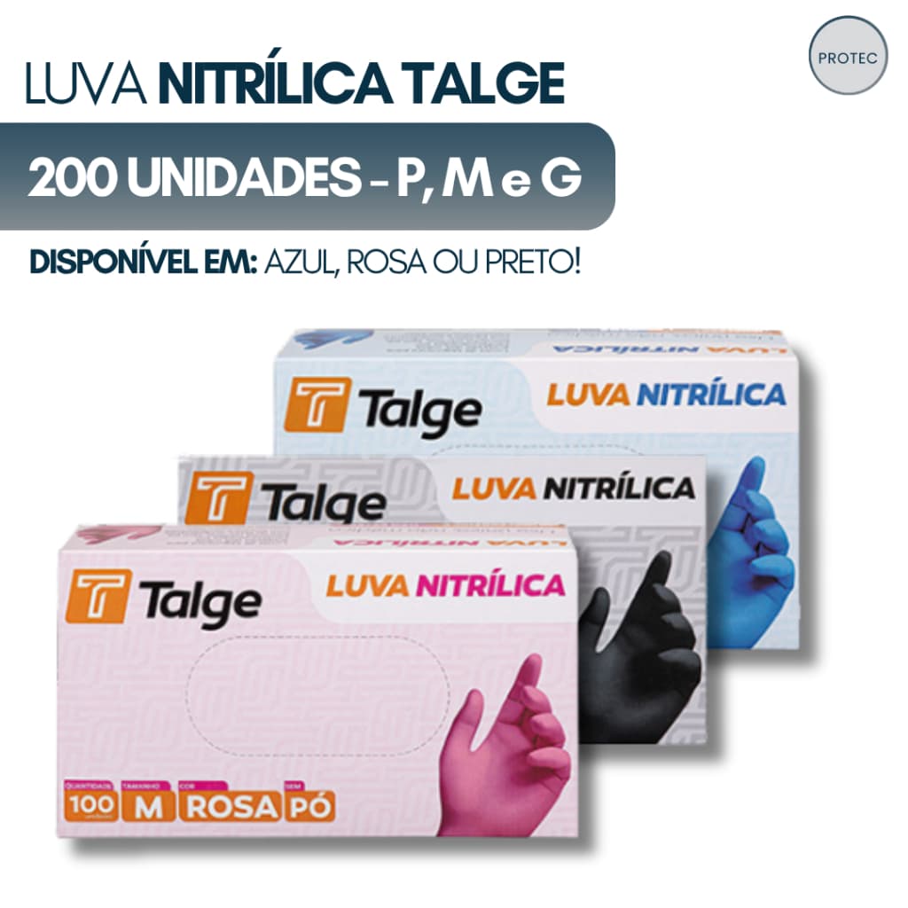 Kit 200 Luva Nitrílica Sem Pó 2Cx - Azul, Rosa e Preta | Tamanhos P, M,G e GG