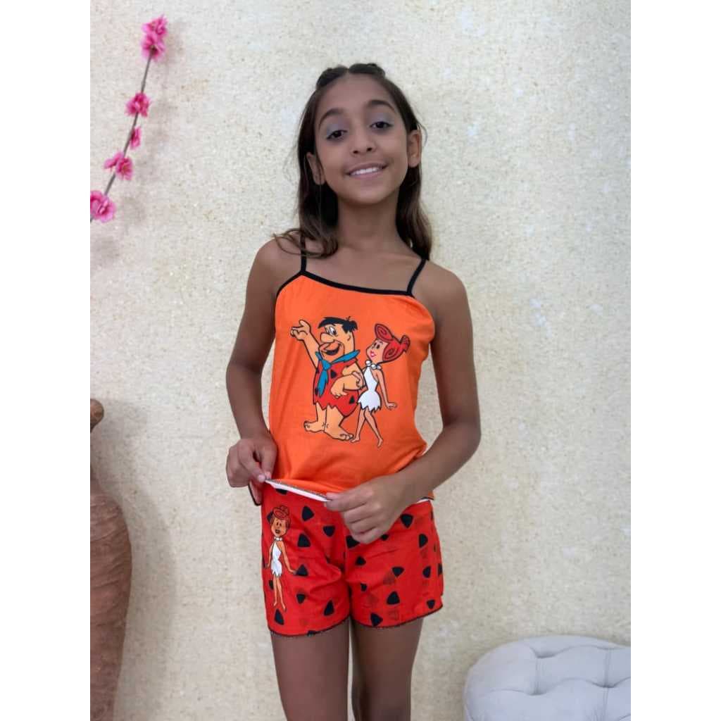 Pijama Infantil Baby Doll Regata Suede – Blusa com Alças + Short com Estampas Divertidas