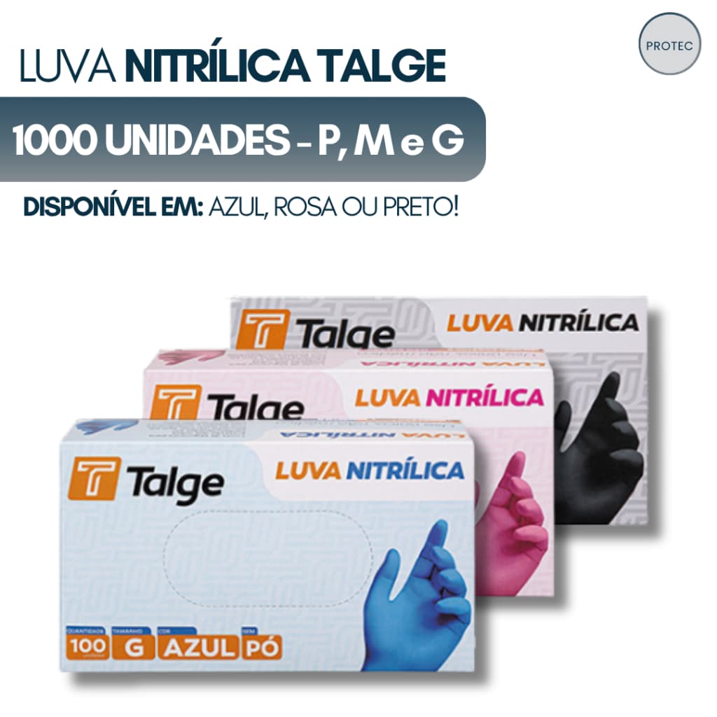 Kit 1000 Luva Nitrílica Sem Pó 10Cx - Azul, Rosa e Preta | Tamanhos P, M e G