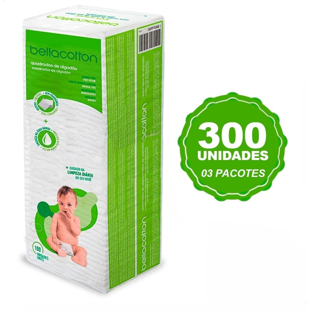 Algodão Quadrado Bellacotton 300 unidades para Bebês Natural Hipoalergênico