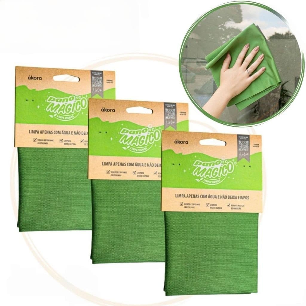 KIT Limpa Vidro Pano Mágico 1/2/3/4 UNID Ákora Poliéster e Poliamida Microfibra Limpeza Original