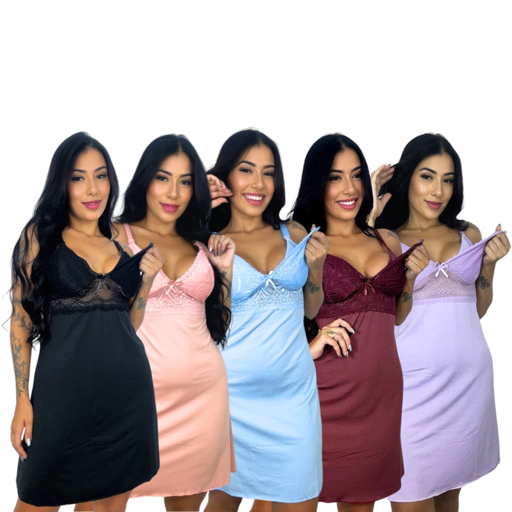 Kit 5 Camisola de Amamentação Sem Bojo e com Renda Gestante Maternidade e Pós Parto