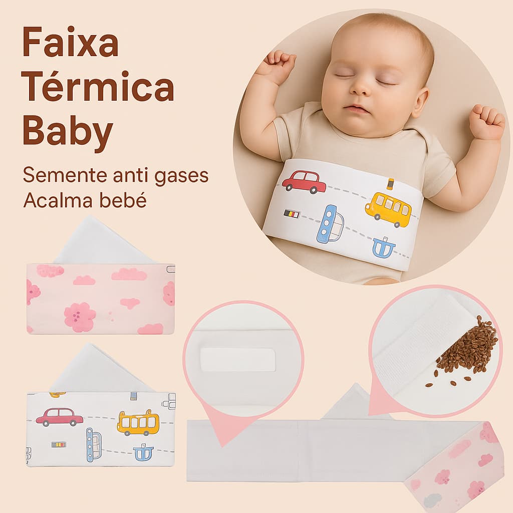 Faixa Térmica Abdominal Com Ervas Para Bebê Anti-Cólica Em Malha Estampada 70cm X 9cm - Papi