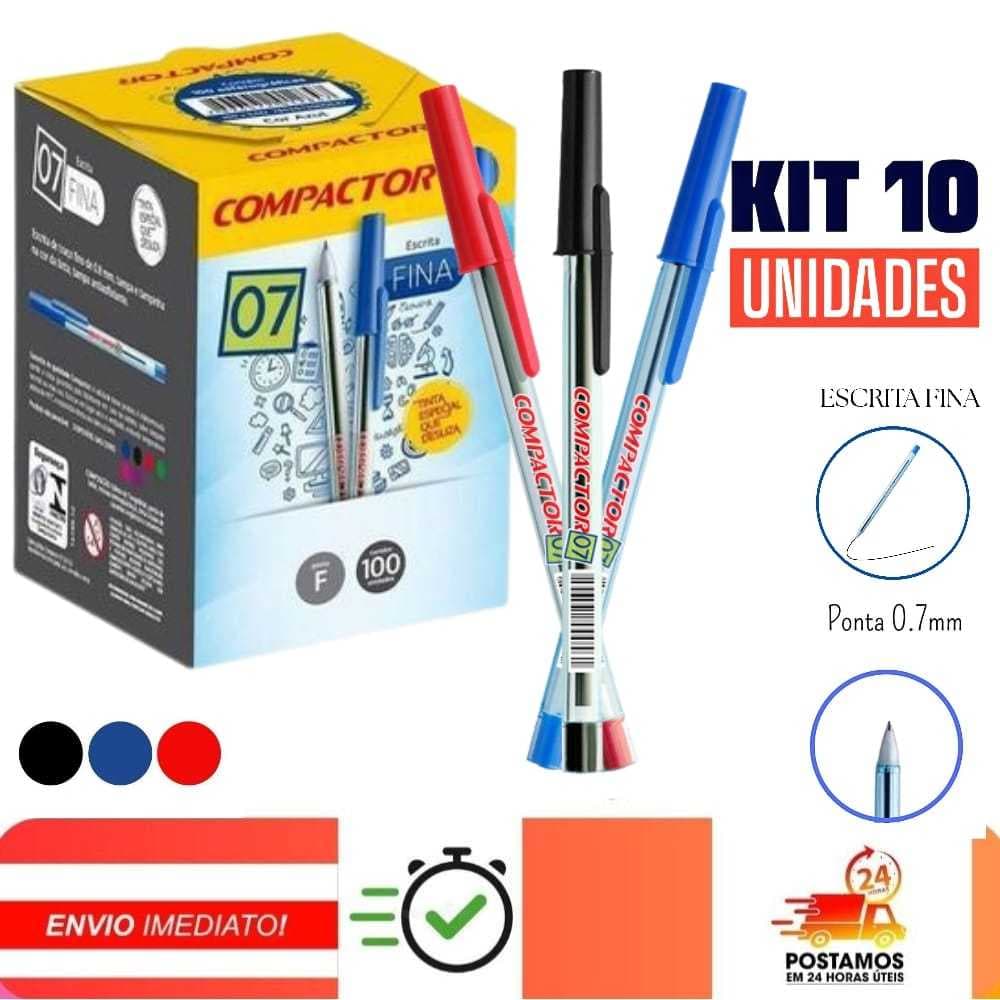 Kit Caneta Compactor Esferográficas Escrita Fina 0.7mm - Azul, Preto, Vermelho, ORIGINAL, Material Escolar, Papelaria