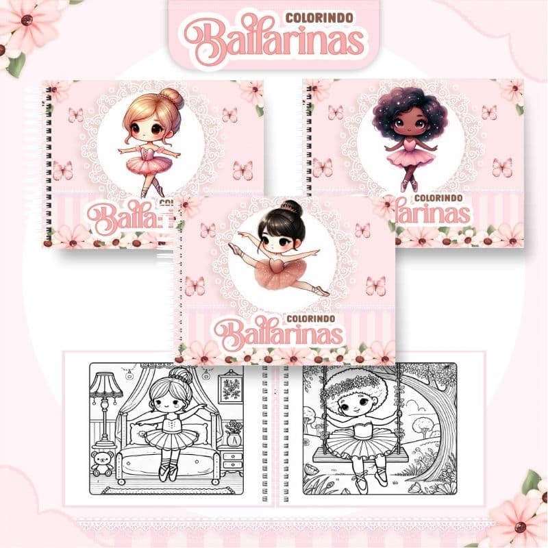 Caderno de Colorir Bailarinas 50 Folhas | Capa Dura + Acetato | Papel 150g –