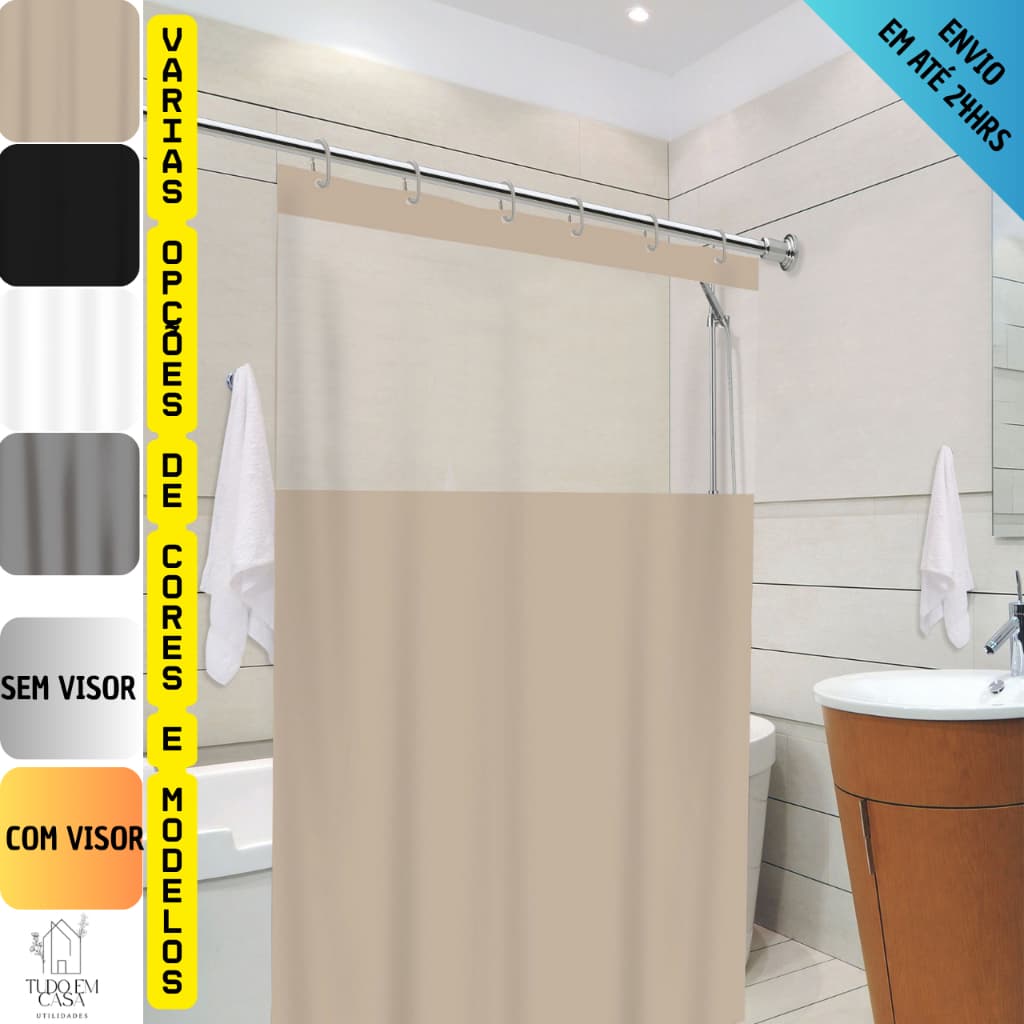 Cortina De Box Banheiro Com Visor Transparente I Antimofo I Material Resistente 100% PVC