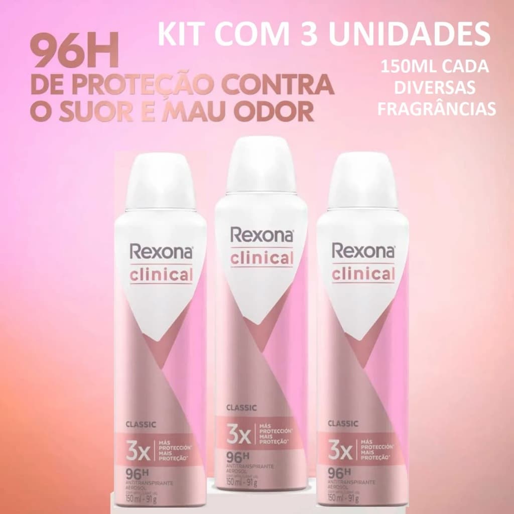 Kit C/3 Rexona Clinical Aerosol 150ml Cada Desodorante Antitranspirante Classic/Clean/Extra Dry/ Sem Perfume