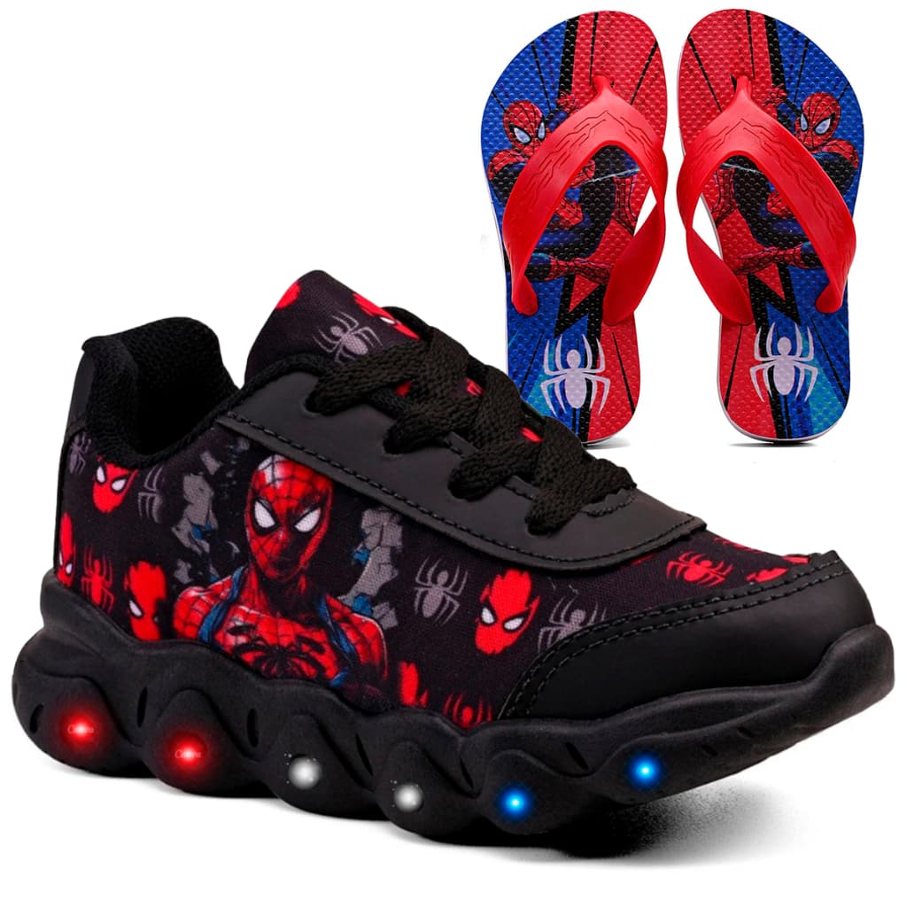 Kit Tênis Infantil Homem Aranha Com Led + Chinelo Infantil