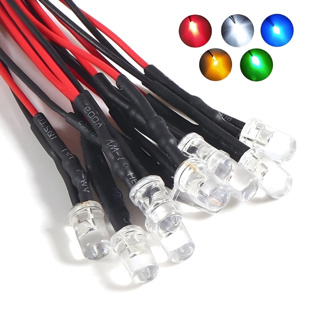 Unidade LED 5mm Montado Com Resistor 5 a 12v Fácil Instalação Alto Brilho Flat Top Cristal Com Fio