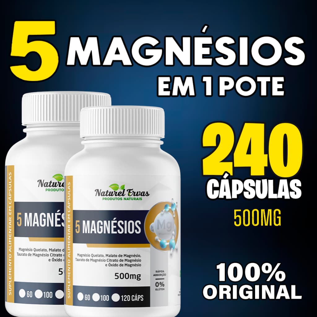 Suplemento 5 Magnésios 100% Original 120 Capsulas 500mg (Magnésio Quelato, Malato, Taurato, Citrato e Óxido)