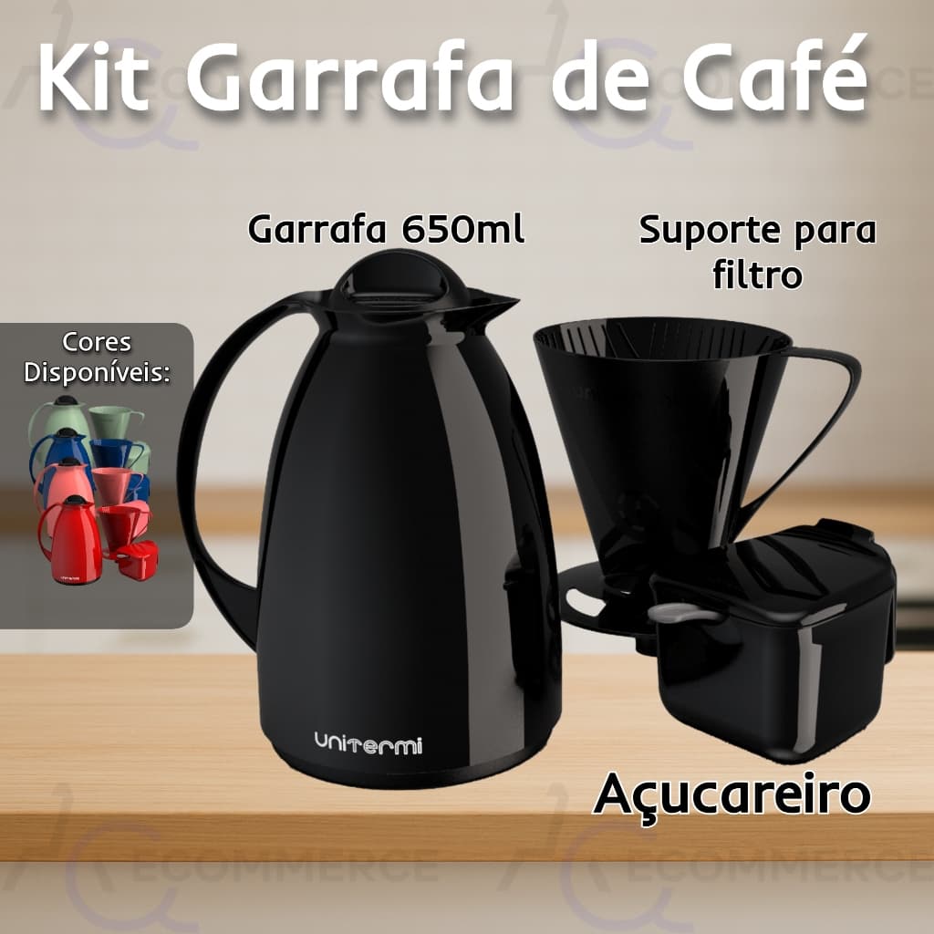 🌟 Kit Café ☕ Completo 🍵 Garrafa Térmica 650ml🔥 Porta Filtro Açucareiro e Colher 🥄  Unitermi💯