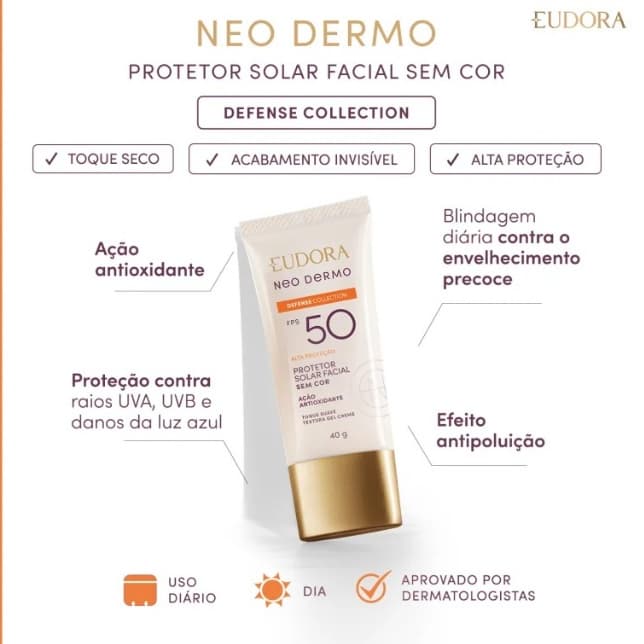 Eudora Protetor Solar Facial Sem Cor Neo Dermo FPS 50 40g