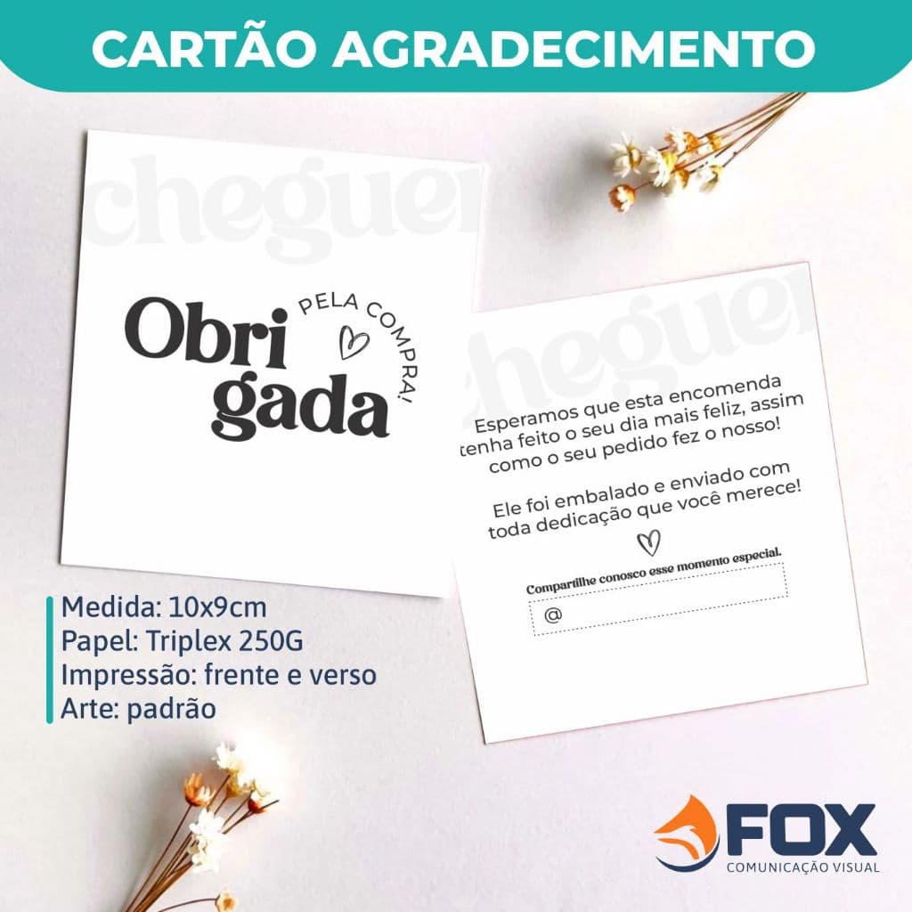 Cartão de Agradecimento Padrão |9x10cm | Frente e Verso | 50, 100 ou 200 unidades