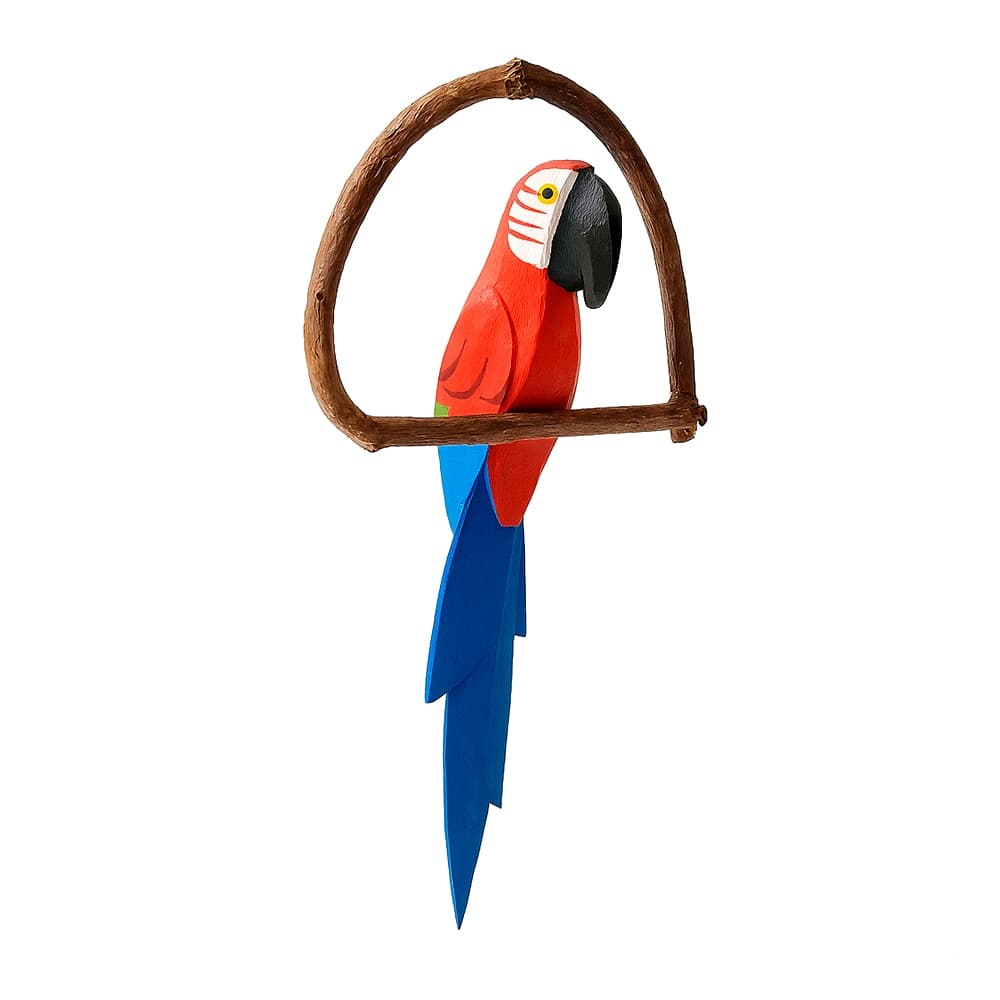 Mini Pássaros Artesanais em Madeira no Cipó – Arara Vermelha ou Tucano | Decoração de Jardim Varanda