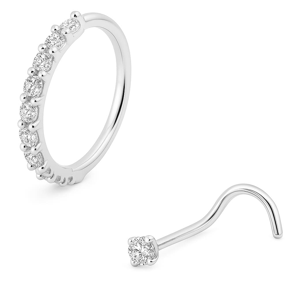 Kit Nostril Piercing Prata 925 Argola Cravejada Ponto Luz