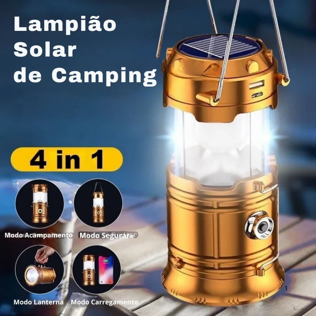 Lampião Led Solar 4 em 1 Regarregavel Usb para Camping Lanterna Portátil Emergencia BOMVINK