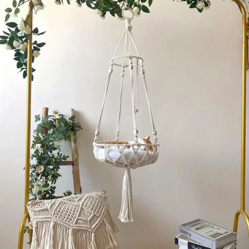 Cadeira De Rede De Algodão Tecida À Mão Para Gatos De Estimação Cesta De Ninhada