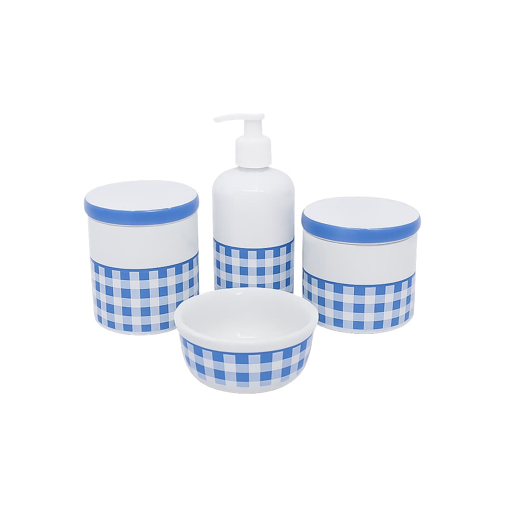 Kit Bebê Porcelana Higiene Xadrez Azul 4 Peças Elegante Decoração Quartinho Maternidade
