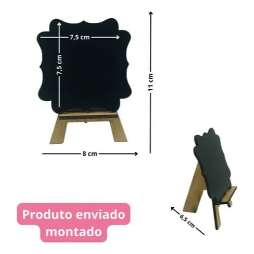 Kit 06 Placas Decorativas Mini Lousa 7,5 cm  + 06 Mini Cavaletes 8,5 cm