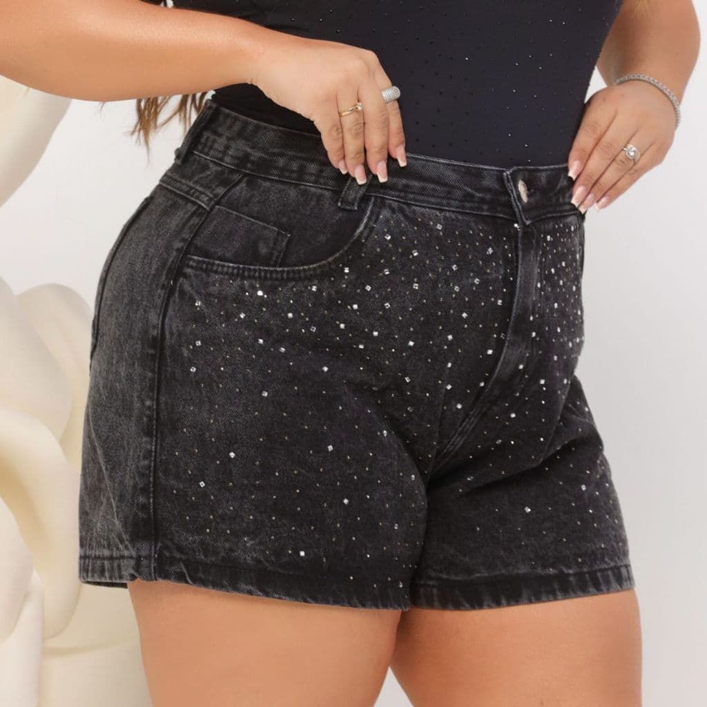 Short Jeans Feminino Plus Size Preto Marmorizado Strass Jeans 100% Cintura Alta Brilho Moda Maior
