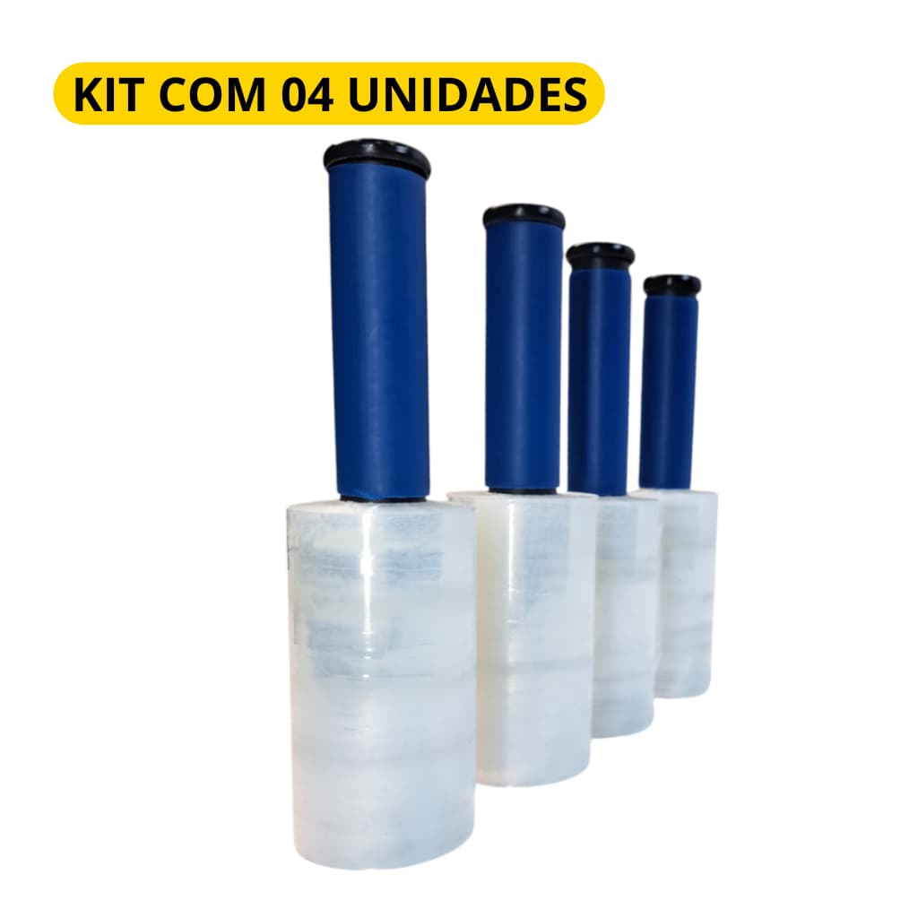 Kit 4 Rolos de Filme Stretch Virgem Com 200 metros estirado X 100mm / 10cm com Cabo Giratório