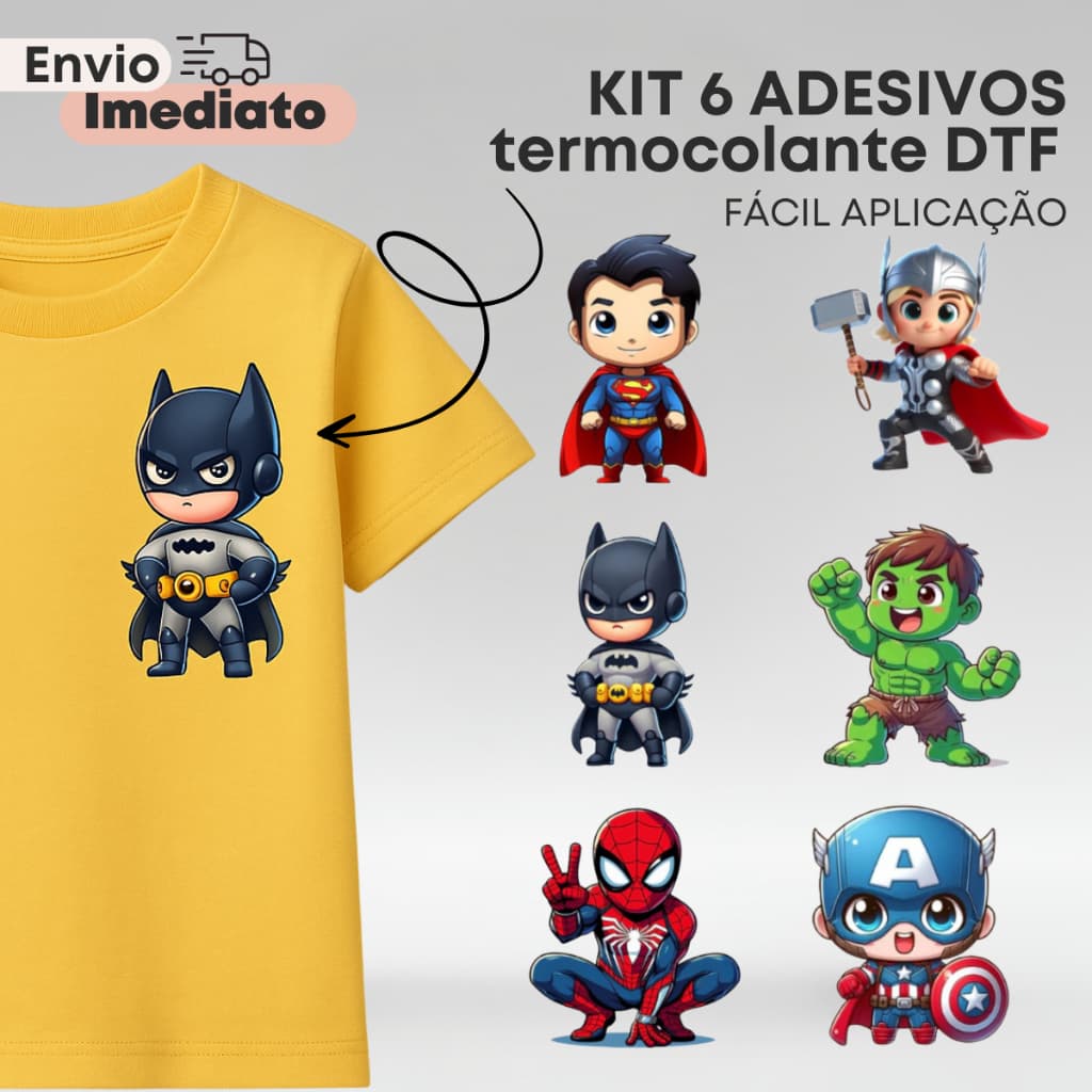 KIT 6 ADESIVOS Heróis menino termocolante DTF pronta para estampar tecido fácil aplicação.