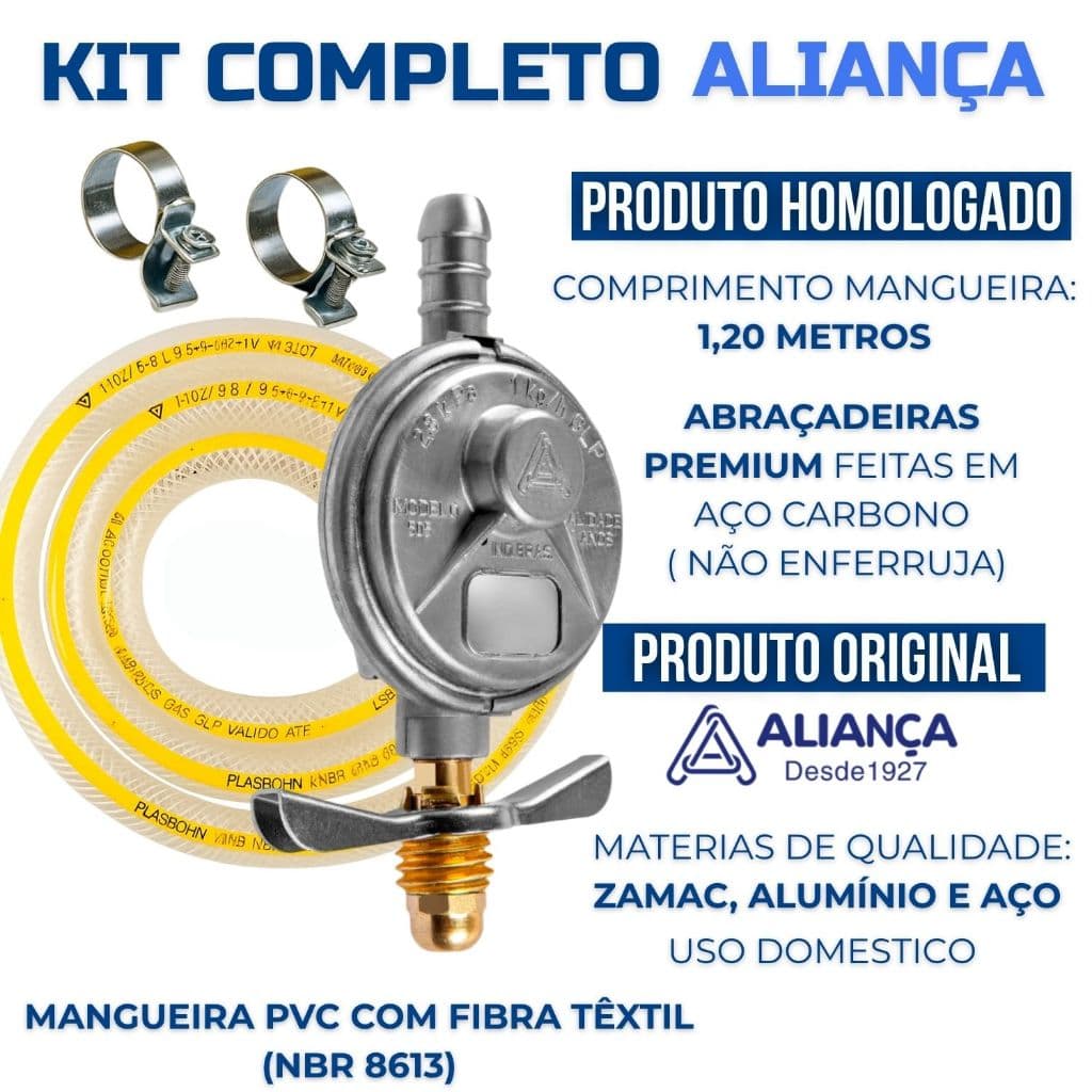 Kit Registro Regulador Gás de Cozinha Fogão para Botijão Com Mangueira 1,25m e 2 Abraçadeiras