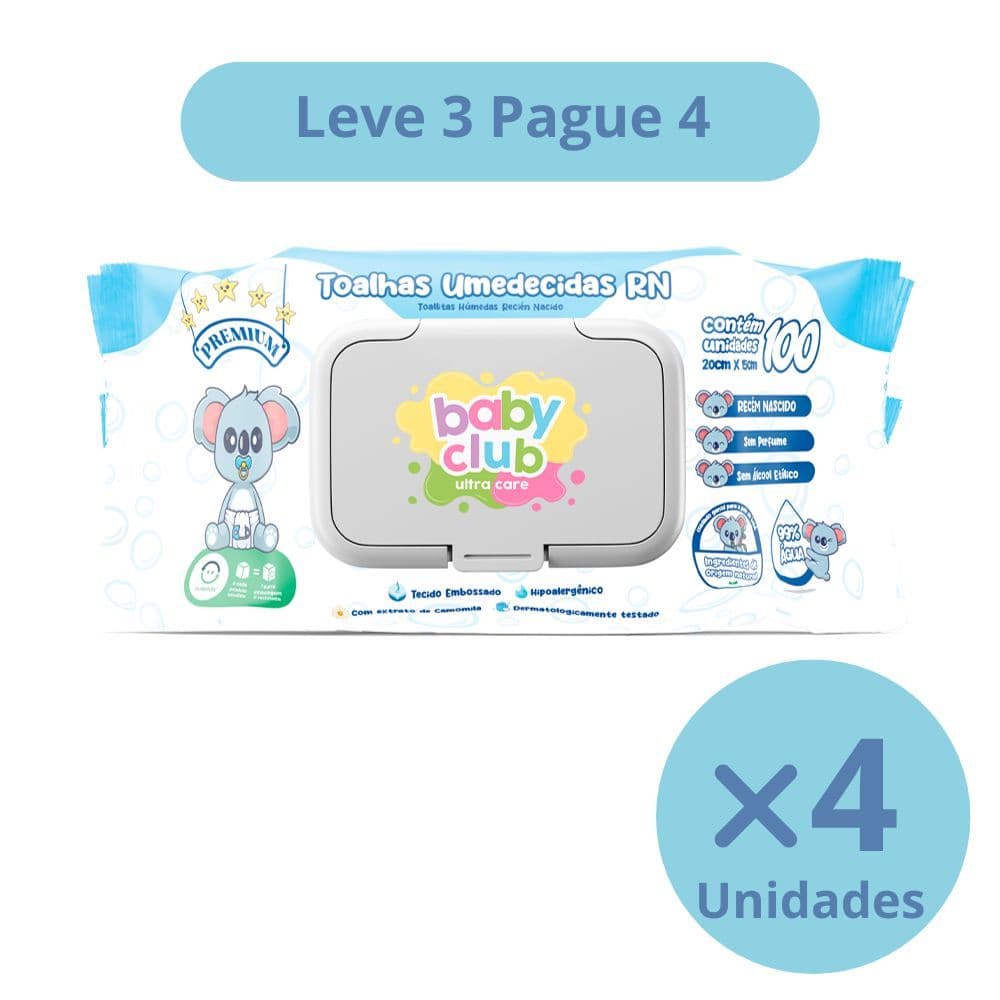 KIT PAGUE 3 LEVE 4 UNIDADES TOALHAS UMEDECIDAS RECEM NASCIDO BABY CLUB 100 FOLHAS CADA PACOTE