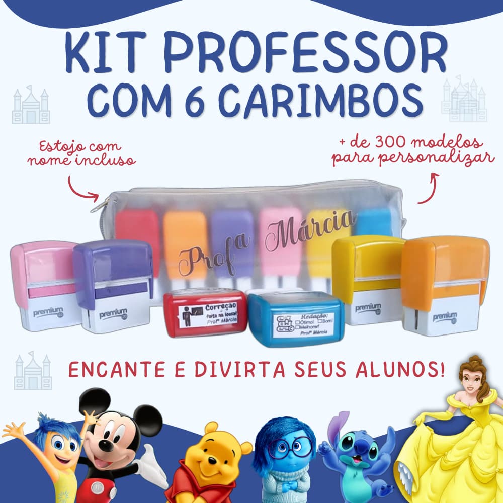 KIT 6 CARIMBOS AUTOMÁTICO PERSONALIZADOS PEDAGÓGICOS + NECESSAIRE PERSONALIZADA PROFESSOR EDUCAÇÃO ESCOLA INFANTIL VISTO