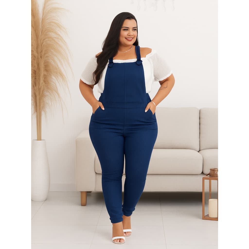 Jardineira Macacão Plus Size Feminino Bengaline Moda Maior Grande Bolso Estica Macaquito Macaquinho GG G1 G2 G3 G4