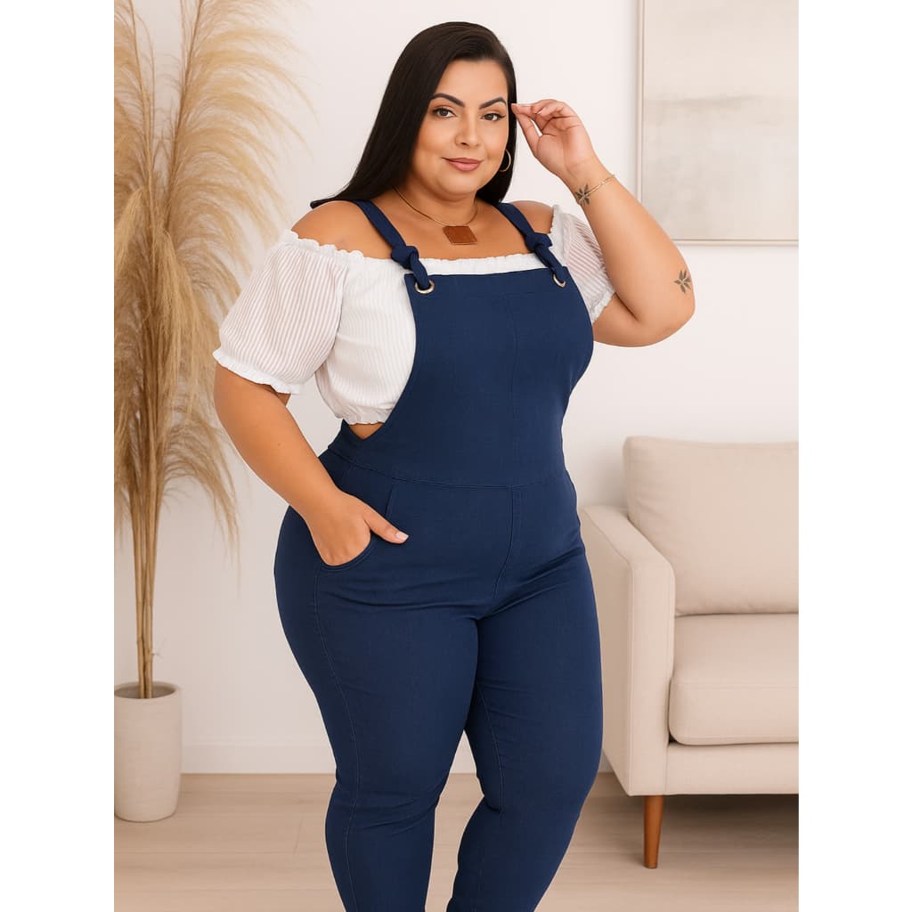 Jardineira Plus Size Feminina Macaquinho Longo Bengaline Feminino Grande Macacão GG G1 G2 G3