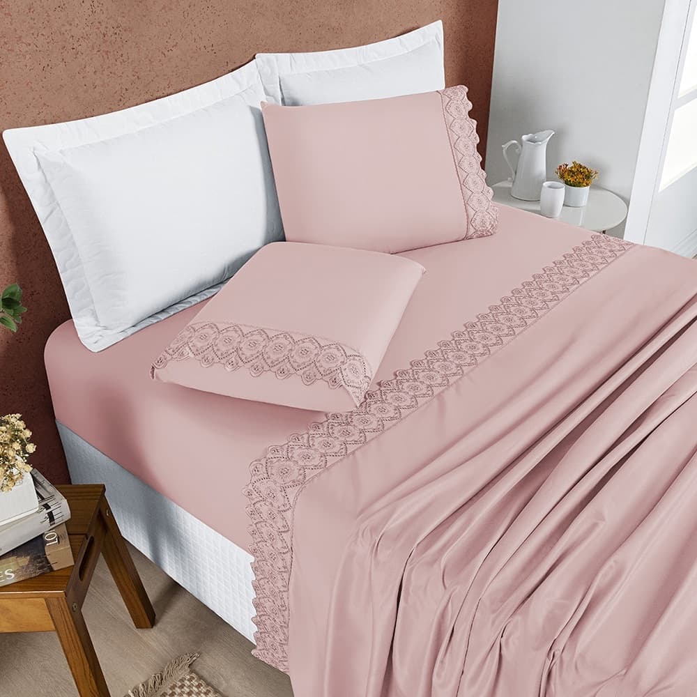 Jogo de Lençol Casal /Queen /King 200 Fios 4 Peças Com Lese Bordado Inglês