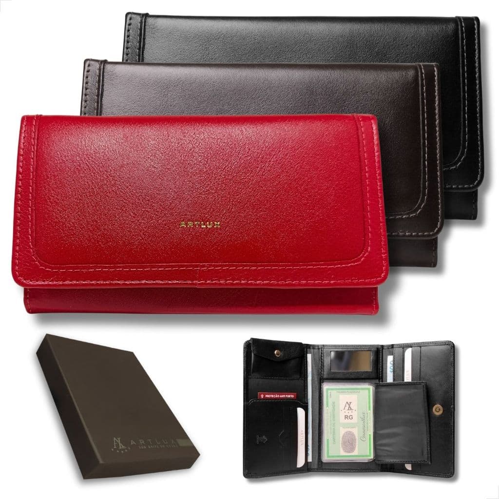 Carteira Feminina Média de Couro Legítimo com Espelho Porta Moedas Documentos e proteção RFID