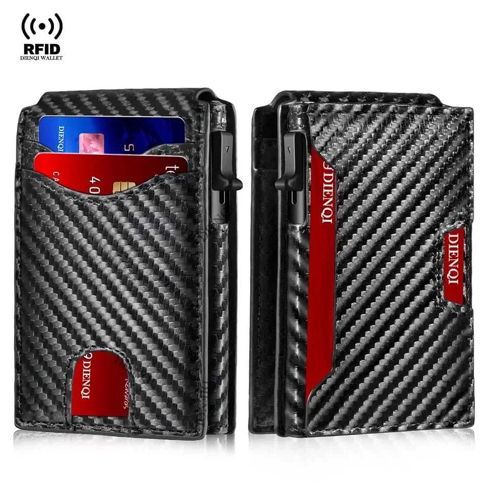 Porta Cartão 2 em 1 Masculino RFID Anti-Roubo de Estampa Fibra de Carbono para Cartões e CNH 8184 8409