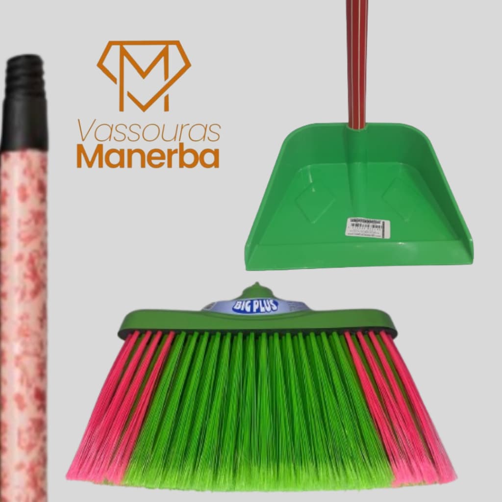 1 VASSOURA BIG PLUS COM CABO DECORADO 120CM E PA DE LIXO COLORIDA COM CABO 60CM