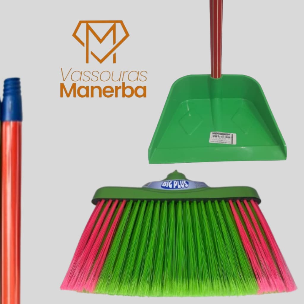 1 VASSOURA BIG PLUS COM CABO LISTRADO 120CM E PA DE LIXO COLORIDA COM CABO 60CM