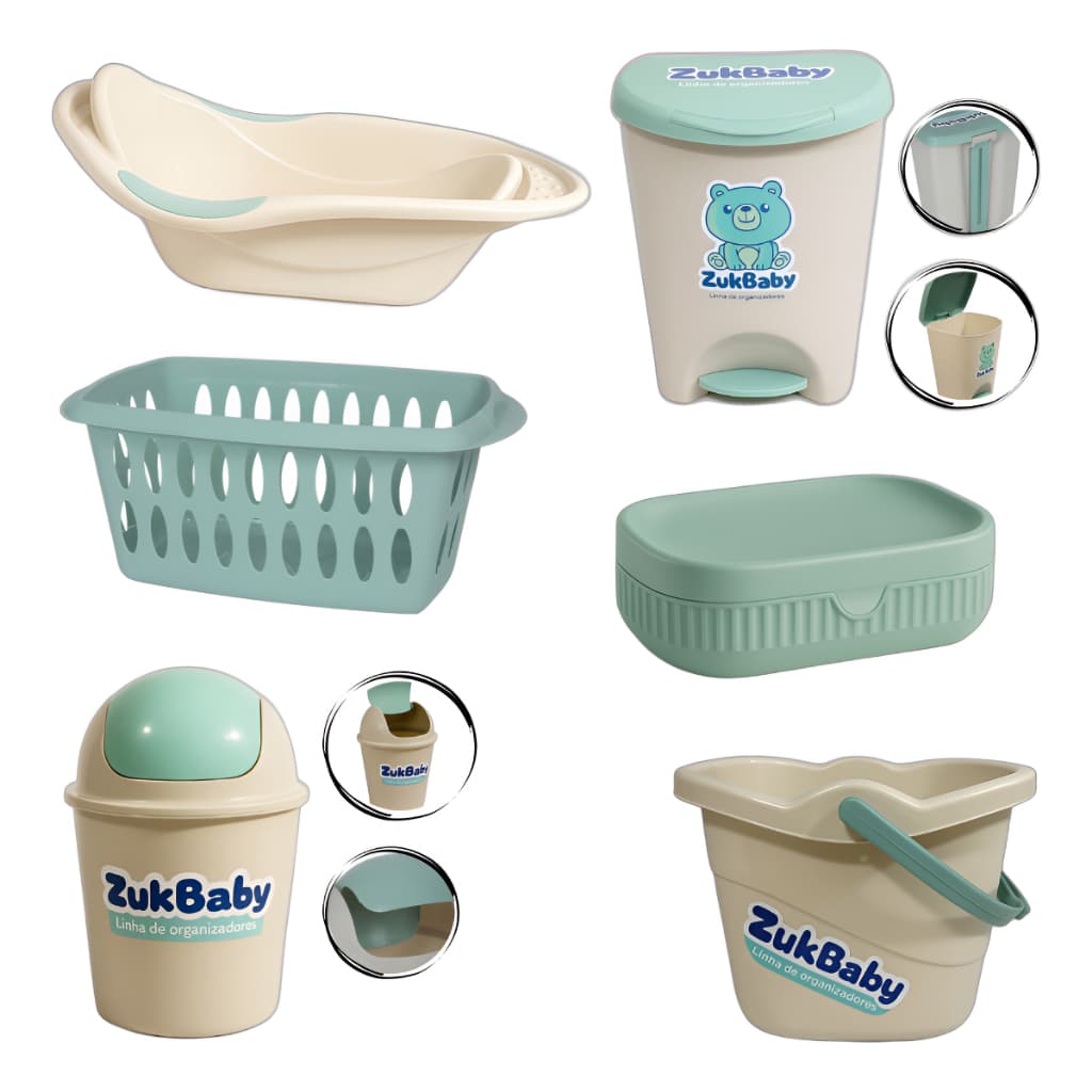 Kit Para Banho Quarto Bebê Baby Menino Menina Banheira Saboneteira Cesto Baldinho E Lixeiras Verde